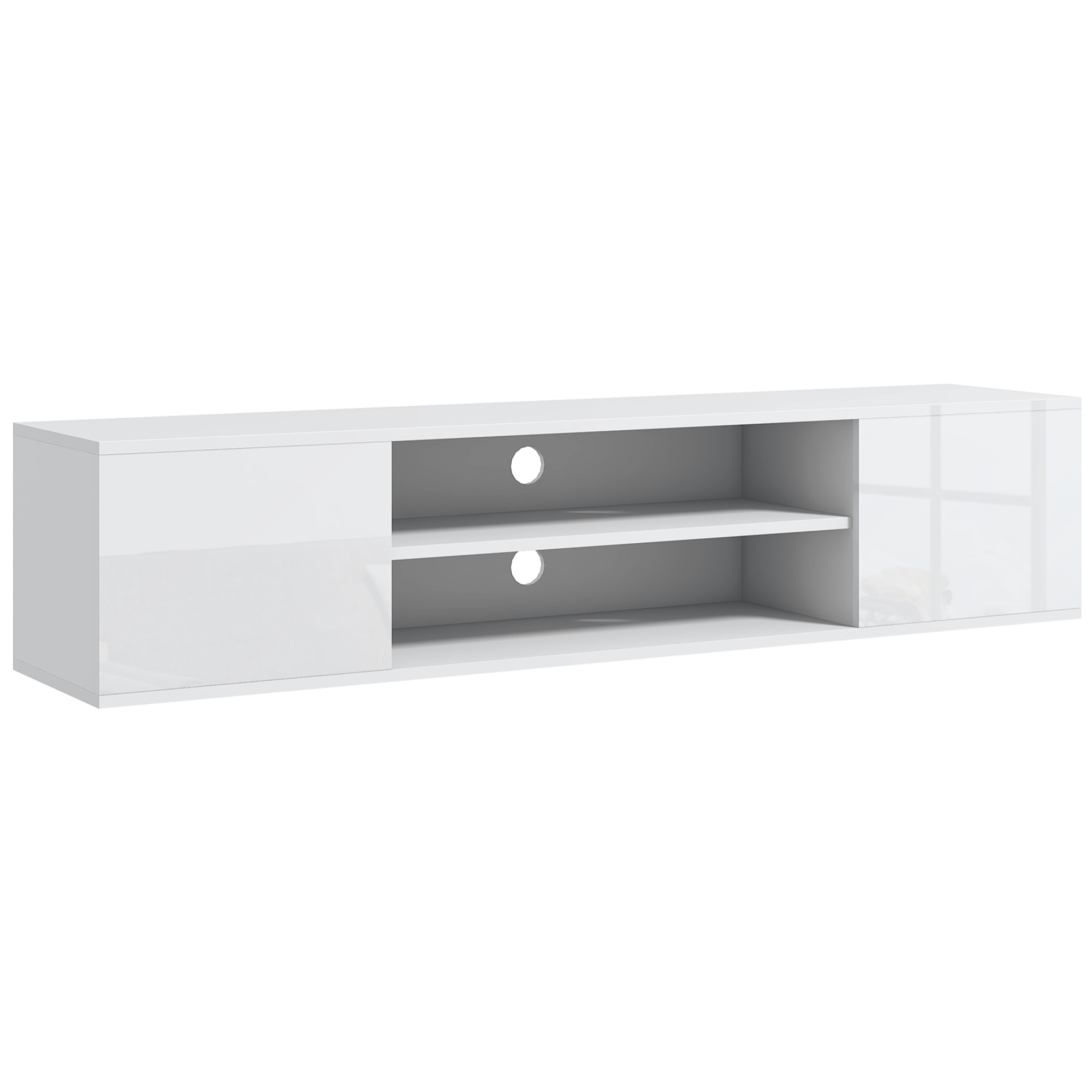 Meuble TV mural - banc TV flottant - 2 portes, 2 niches - dim. 140L x 30l x 30H cm - panneaux blanc laqué