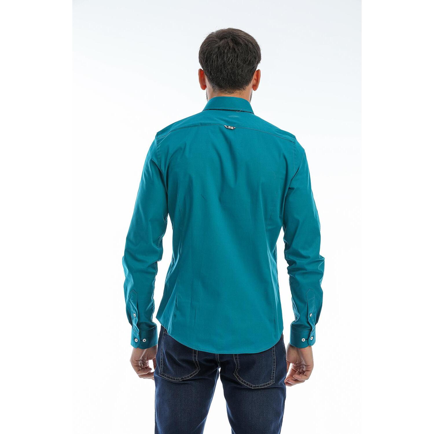 Camicia Uomo 1 Bottoni Button Down Slim Popeline Stretch Unito Verde Ottanio