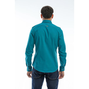 Camicia Uomo 1 Bottoni Button Down Slim Popeline Stretch Unito Verde Ottanio