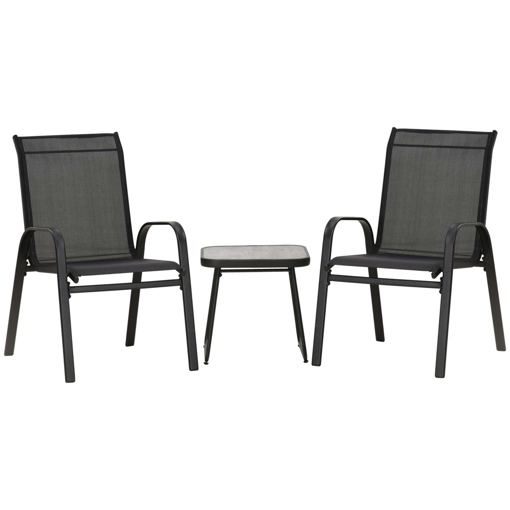 Conjunto de Muebles de Jardín 3 Piezas Muebles Exterior Incluye 2 Sillones Apilables con Tela de Malla Transpirable y Mesa de Centro con Tablero SPC Negro