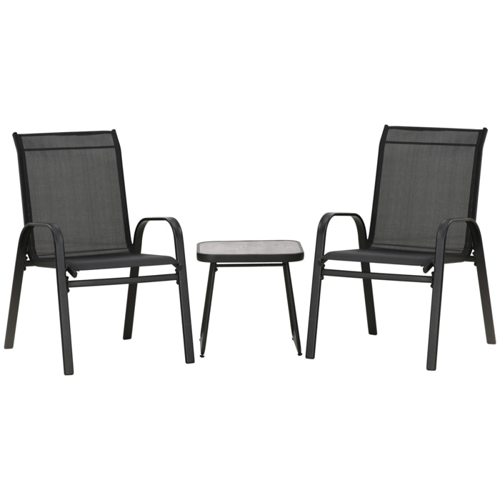 Conjunto de Muebles de Jardín 3 Piezas Muebles Exterior Incluye 2 Sillones Apilables con Tela de Malla Transpirable y Mesa de Centro con Tablero SPC Negro