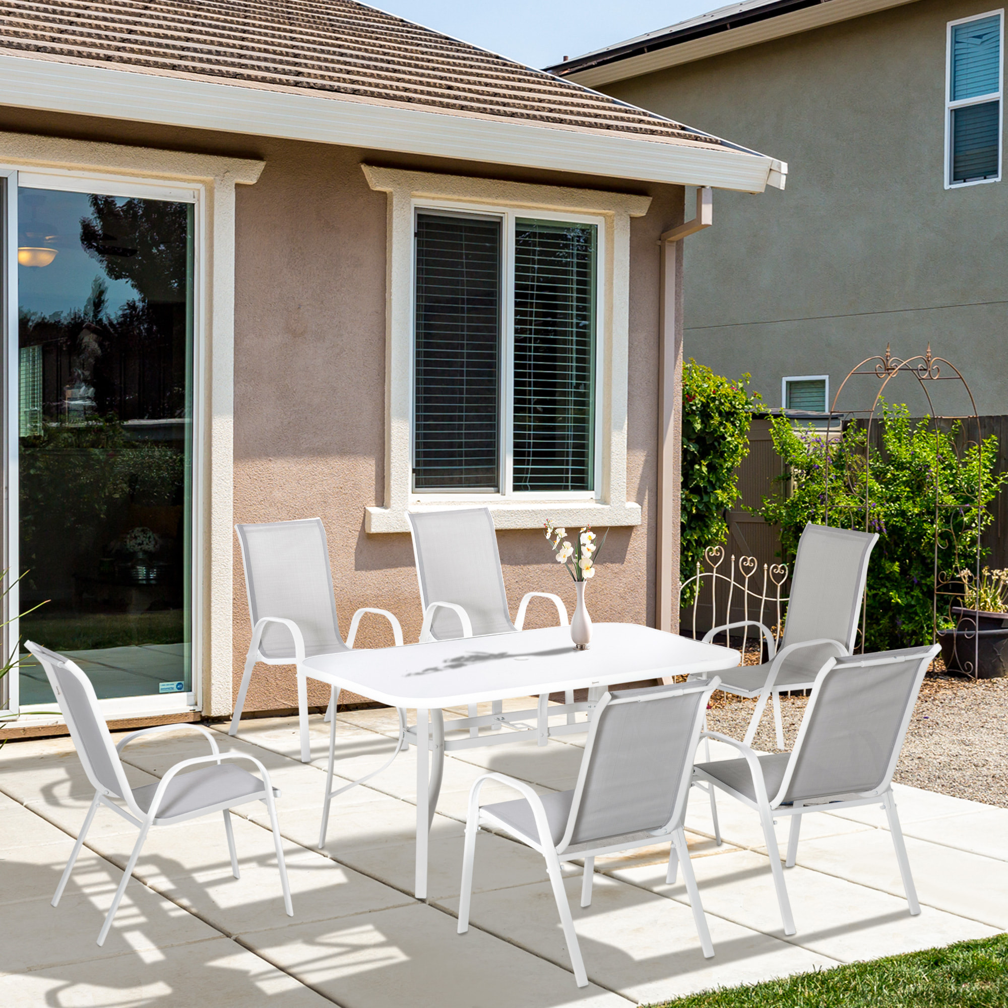 Conjunto de Muebles de Jardín de 7 Piezas Juego de Mesa y 6 Sillas para Terraza con Orificio para Sombrilla y Encimera de Cristal para Terraza Patio Gris