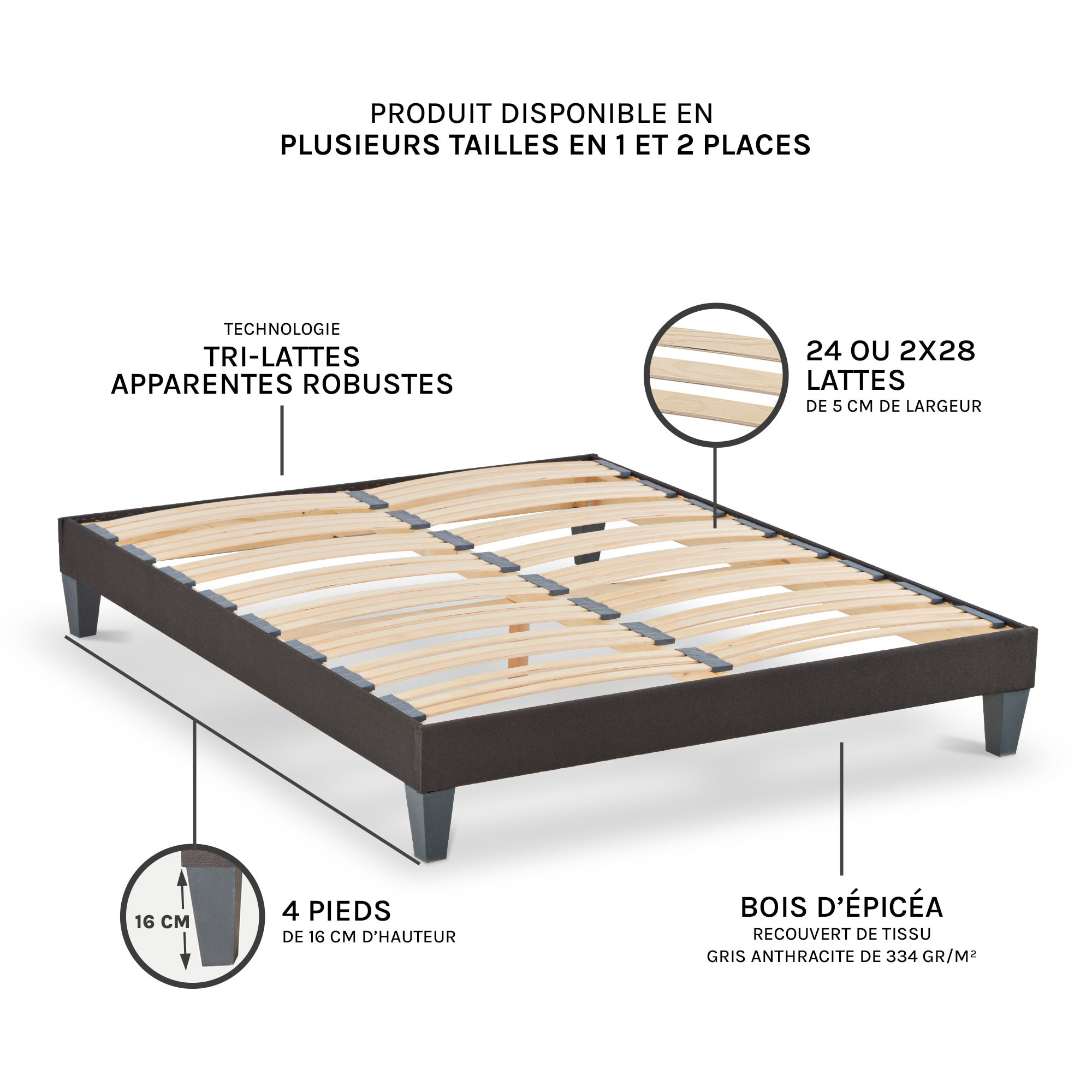 Sommier en Kit 2 places | Gris anthracite