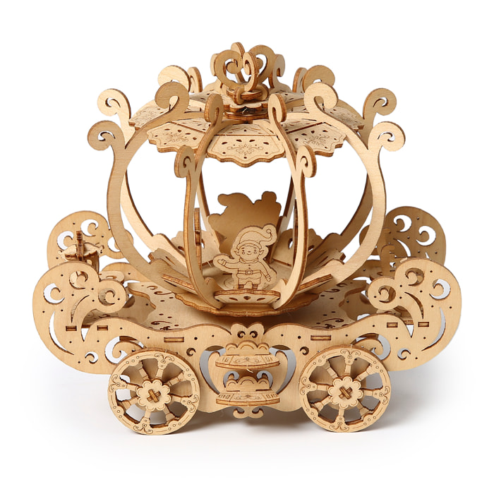 Maqueta de Madera 3D, diseño de Carruaje de calabaza con movimiento mecánico. 82 piezas.