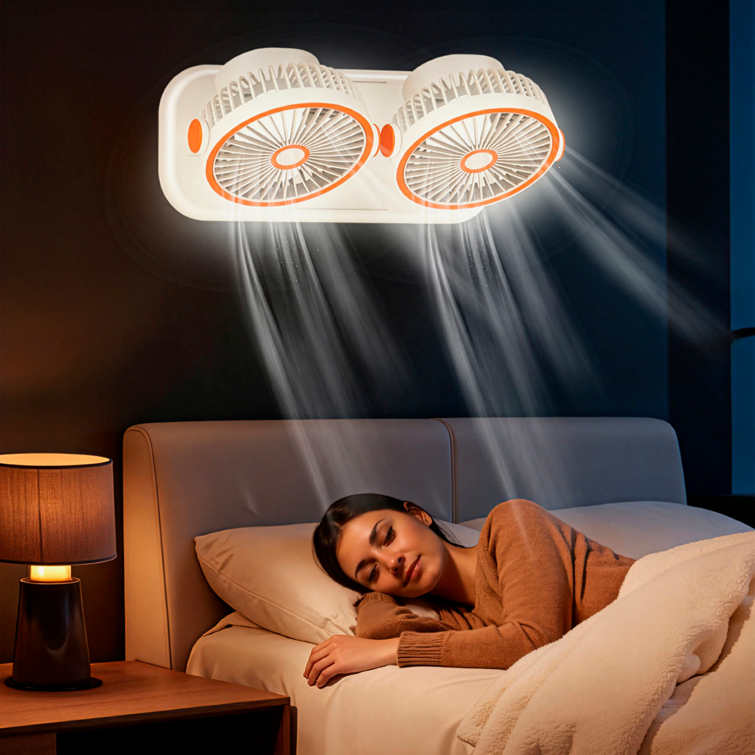 Ventilador modular F21. Con 2 ventiladores independientes, 5 velocidades por unidad y giro 360° vertical y horizontal. 3 niveles de iluminación y diseño versátil de sobremesa, pared, techo o uso portá