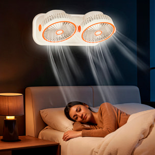 Ventilador modular F21. Con 2 ventiladores independientes, 5 velocidades por unidad y giro 360° vertical y horizontal. 3 niveles de iluminación y diseño versátil de sobremesa, pared, techo o uso portá