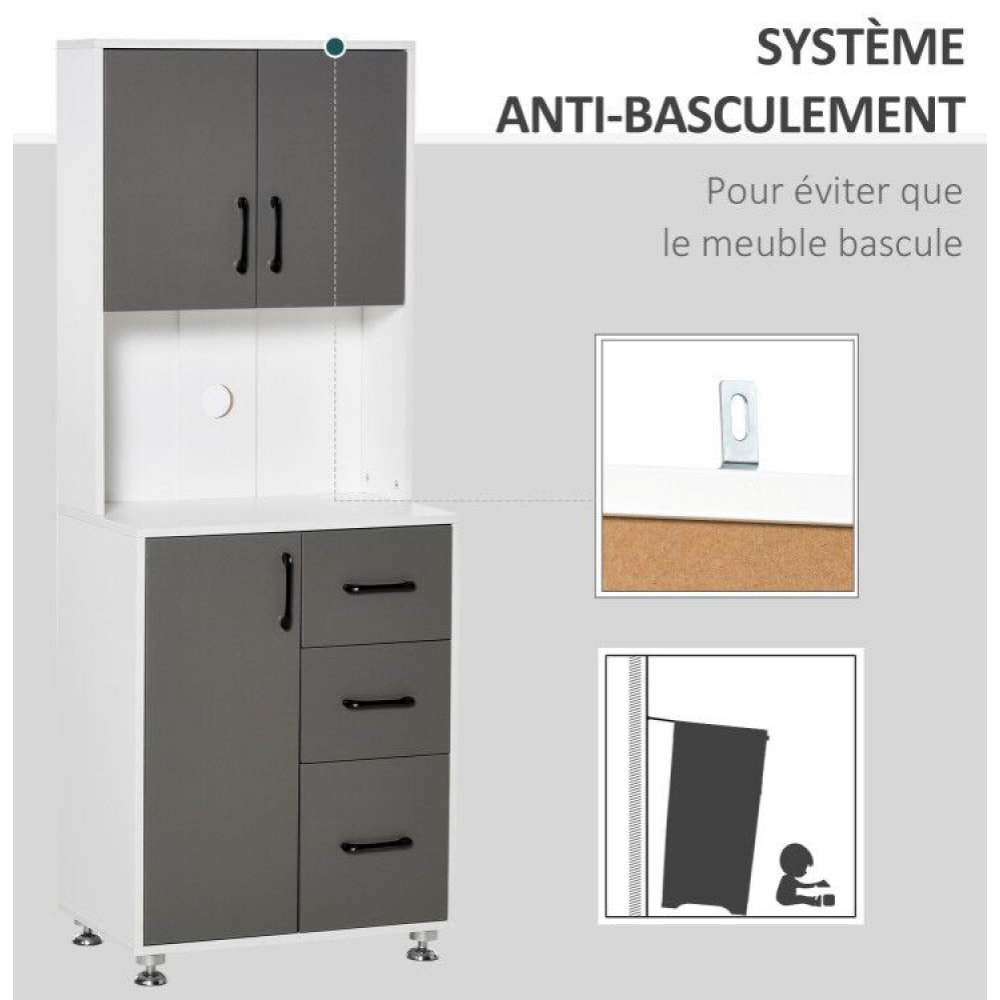 HOMCOM Armoire de cuisine multi-rangements 2 + 1 porte 3 tiroirs + grand plateau dim. 60L x 40l x 150H cm bicolore gris blanc