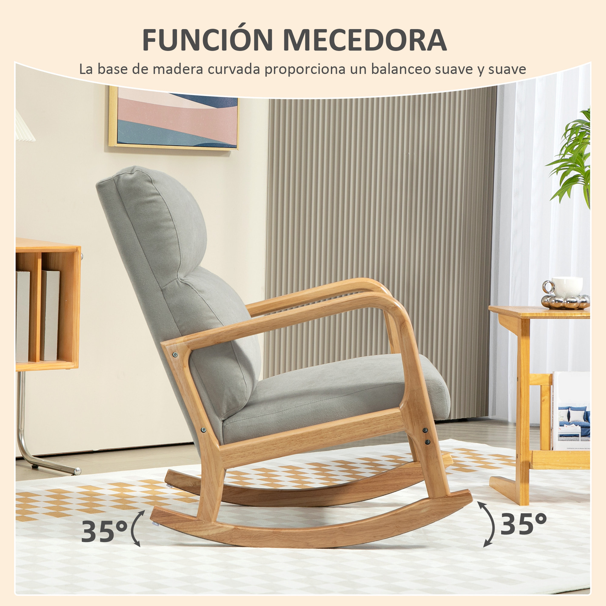 Mecedora Tapizada en Lino Silla Mecedora con Patas de Madera de Caucho y Reposabrazos Mecedora para Lactancia Carga 150 kg para Dormitorio Salón Gris