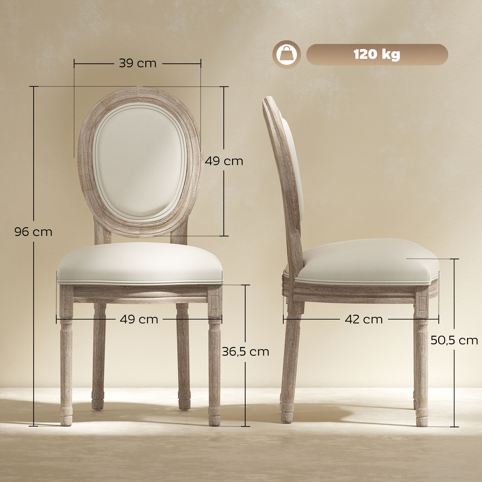 Lot de 2 chaises de salle à manger - chaise de salon médaillon style Louis XVI - bois massif sculpté, patiné - aspect lin beige