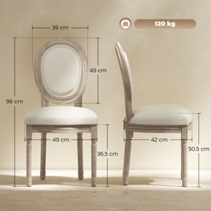 Lot de 2 chaises de salle à manger - chaise de salon médaillon style Louis XVI - bois massif sculpté, patiné - aspect lin beige
