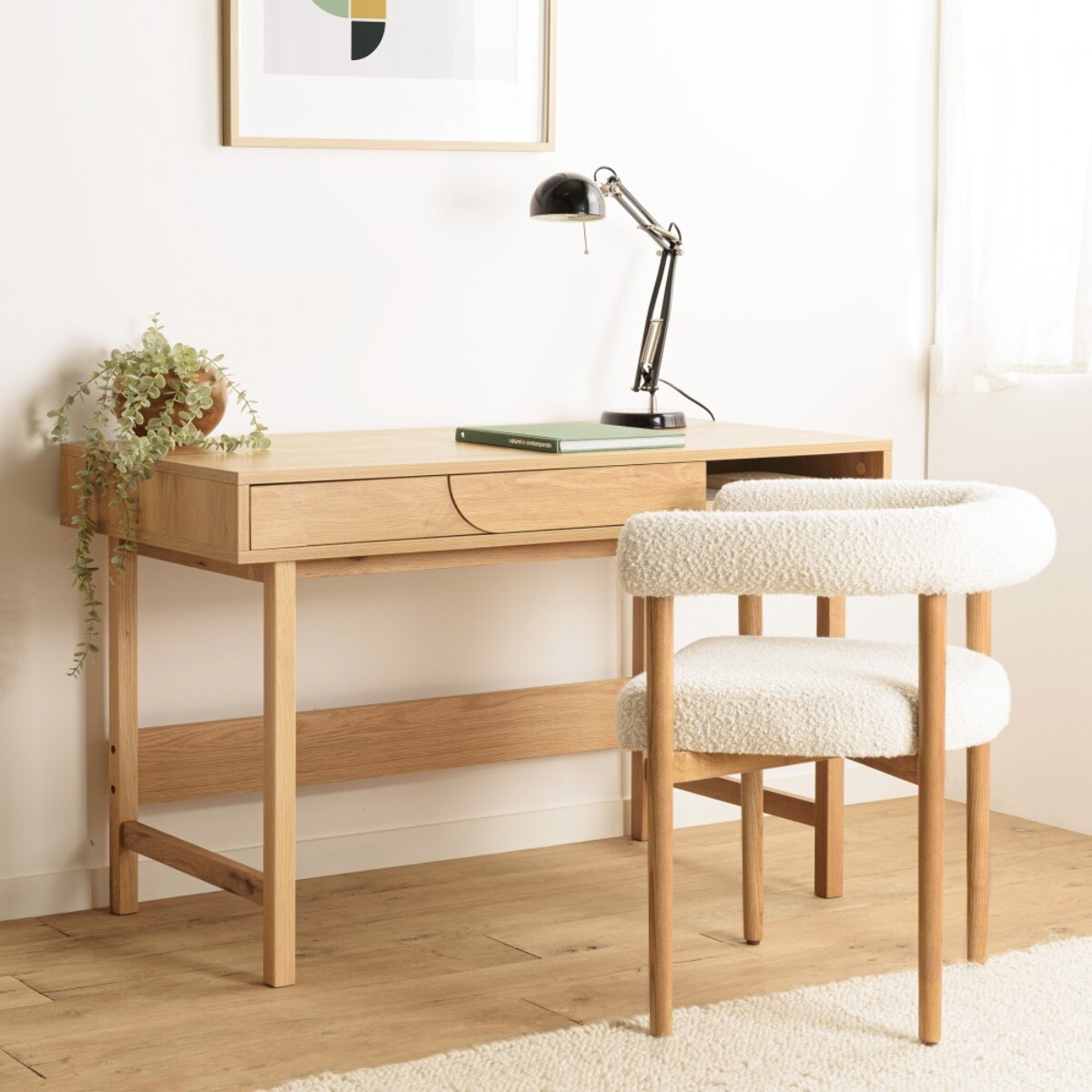 ETHAN - Bureau bois 1 tiroir décor motif arrondi couleur naturelle