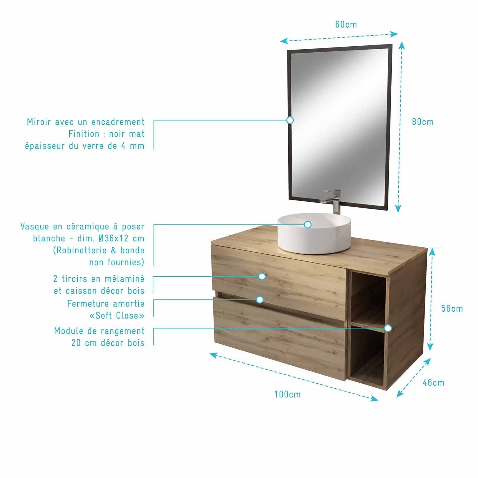 Meuble salle de bains 100 TIMBER Décor Chêne Tiroirs + Niches - Vasque Blanche - Miroir Bords Noirs