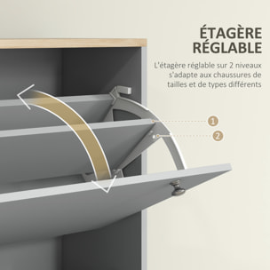 Meuble à chaussures sur pieds 3 portes étagères réglables dim. 80x23,5x121cm gris effet bois