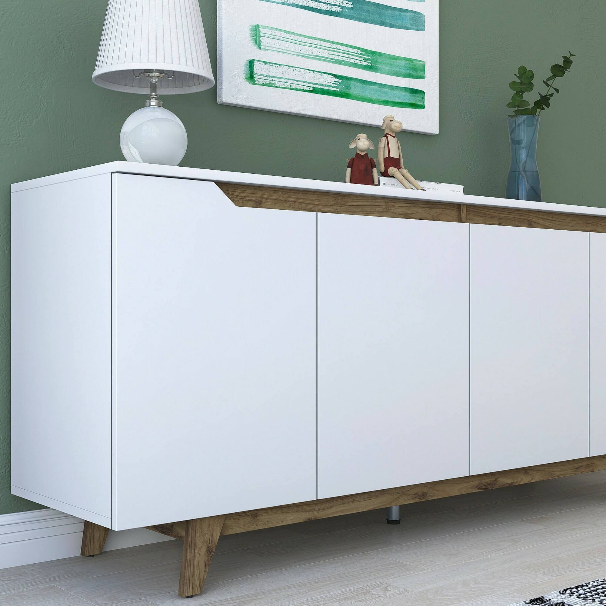 Credenza Dpaves, Buffet da soggiorno, Madia da salotto, Dispensa da cucina, 180x45h79 cm, Bianco e Noce