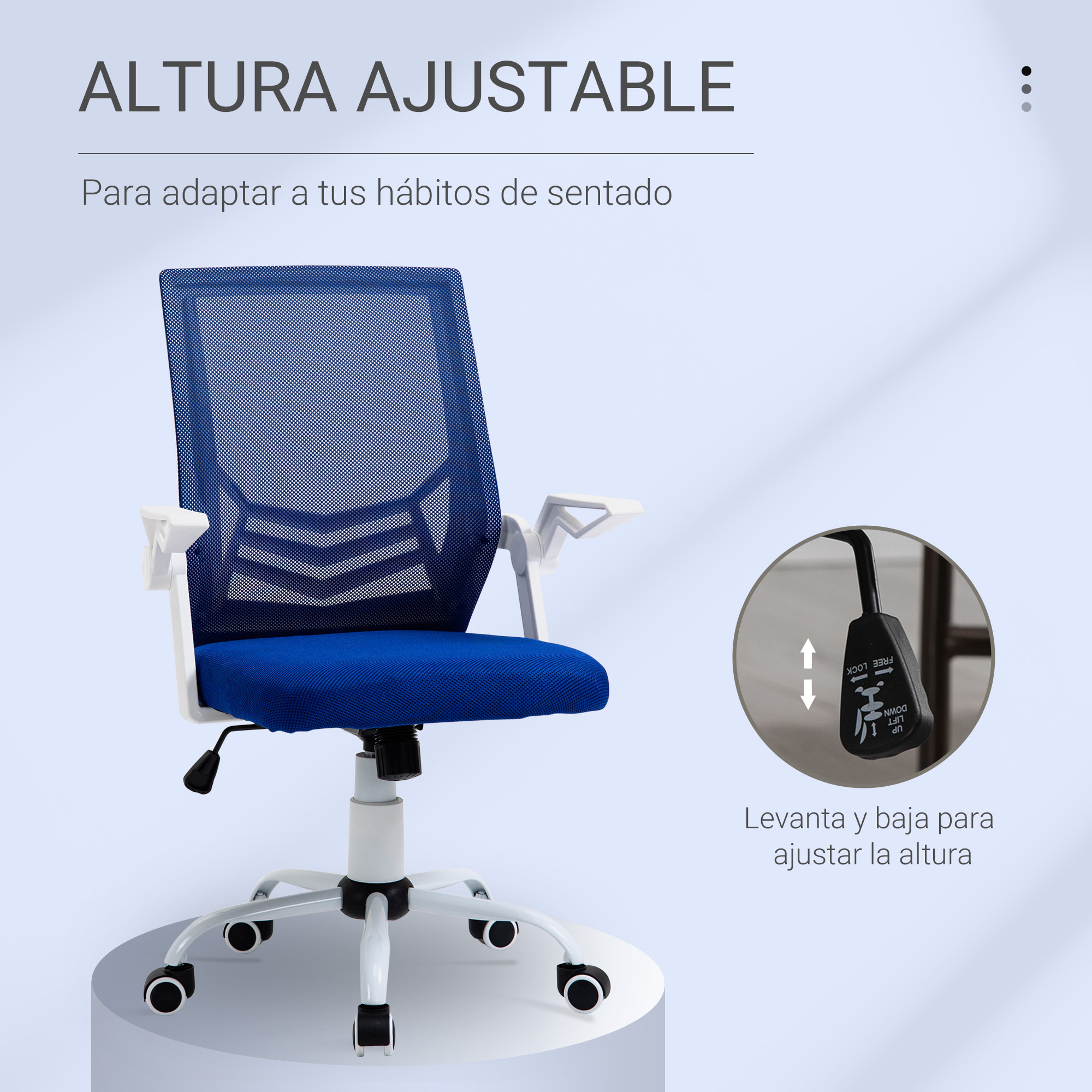 Silla de Oficina Ergonómica Silla Escritorio Giratoria con Altura Ajustable Reposabrazos Abatible Soporte Lumbar Transpirable para Adolescentes Adultos 62,5x55x94-104 cm Azul