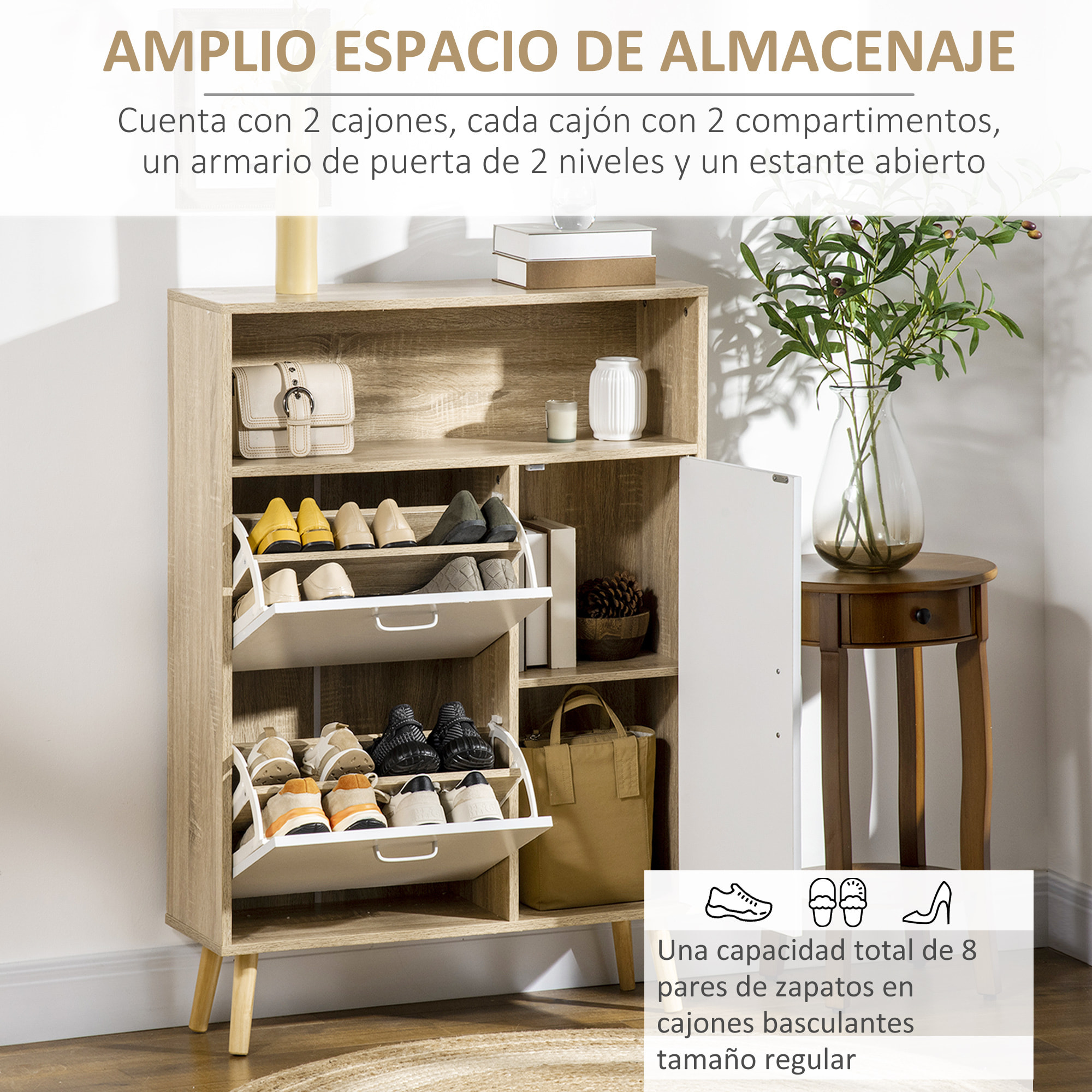 Mueble Zapatero para 8 Pares de Zapatos Armario de Zapatos con 2 Cajones Abatibles Estante Abierto y Puerta para Pasillo Entrada 80x25,5x112,5 cm Natural y Blanco