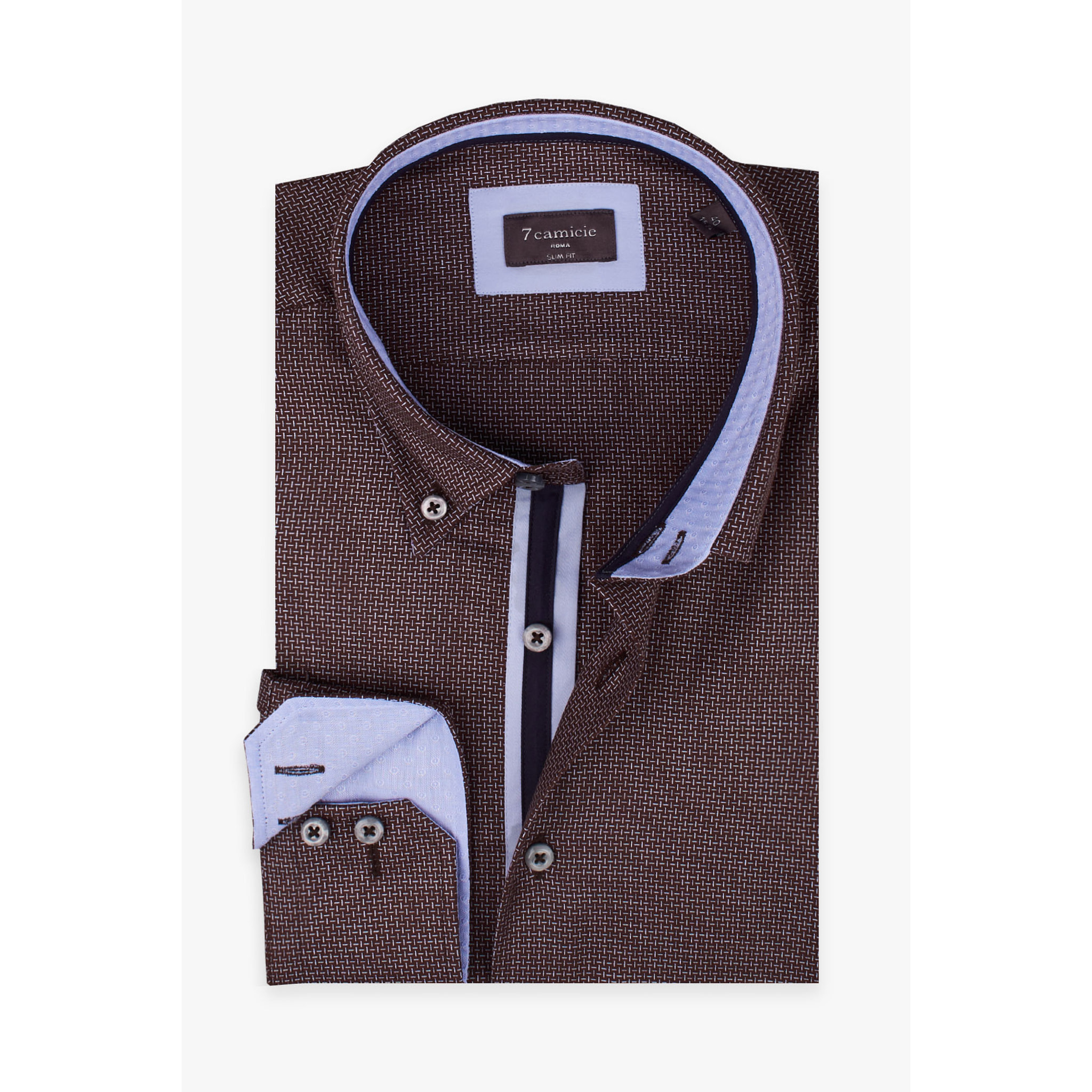 Camicia Uomo 2 Bottoni Button Down Slim Jacquard Fantasia Marrone/Celeste