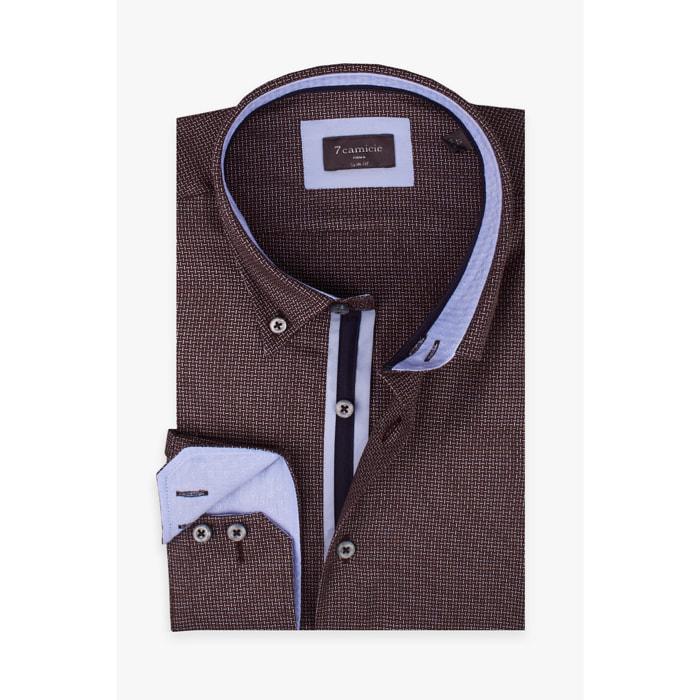Camicia Uomo 2 Bottoni Button Down Slim Jacquard Fantasia Marrone/Celeste