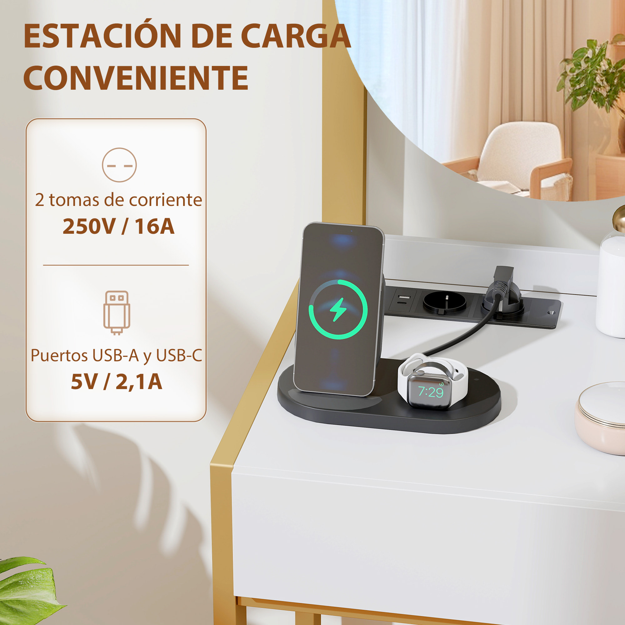 Tocador de Maquillaje con Espejo y Taburete Acolchado, Tocador con Estación de Carga, 2 Cajones, 3 Estantes Abiertos, Puerto USB, Estructura Metálica, para Dormitorio, Blanco
