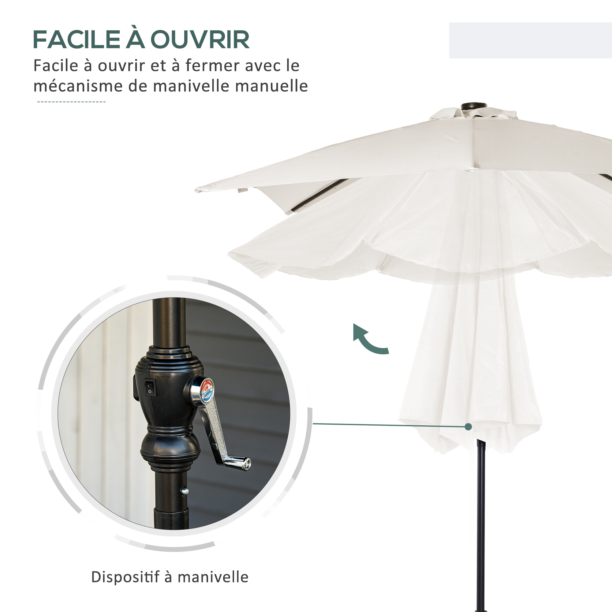 Parasol lumineux rectangulaire inclinable dim. 2,68L x 2,05l x 2,48H m parasol LED solaire métal polyester haute densité blanc cassé