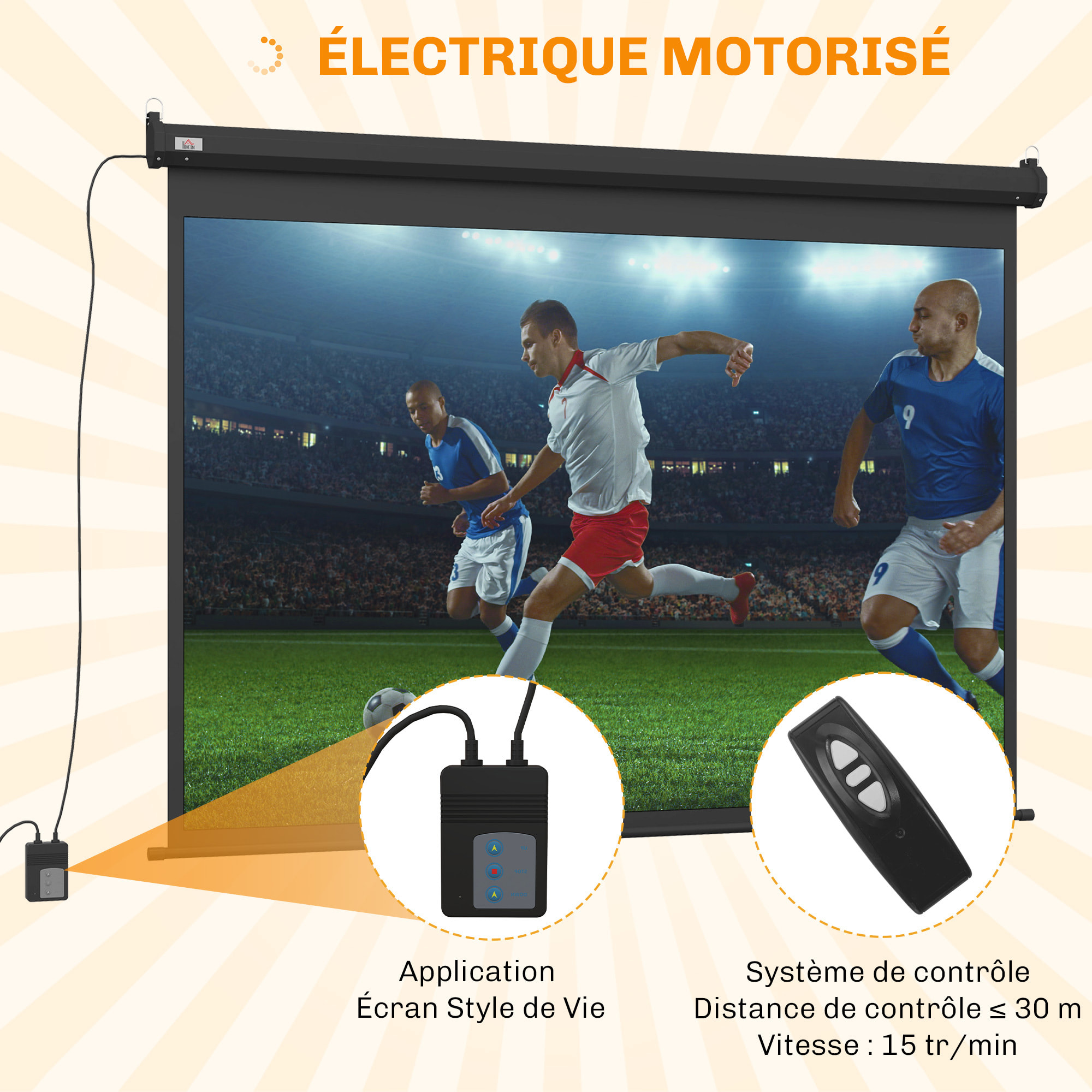 Ecran de projection motorisé home-cinéma format 4:3 84 pouces 171L x 130H cm noir