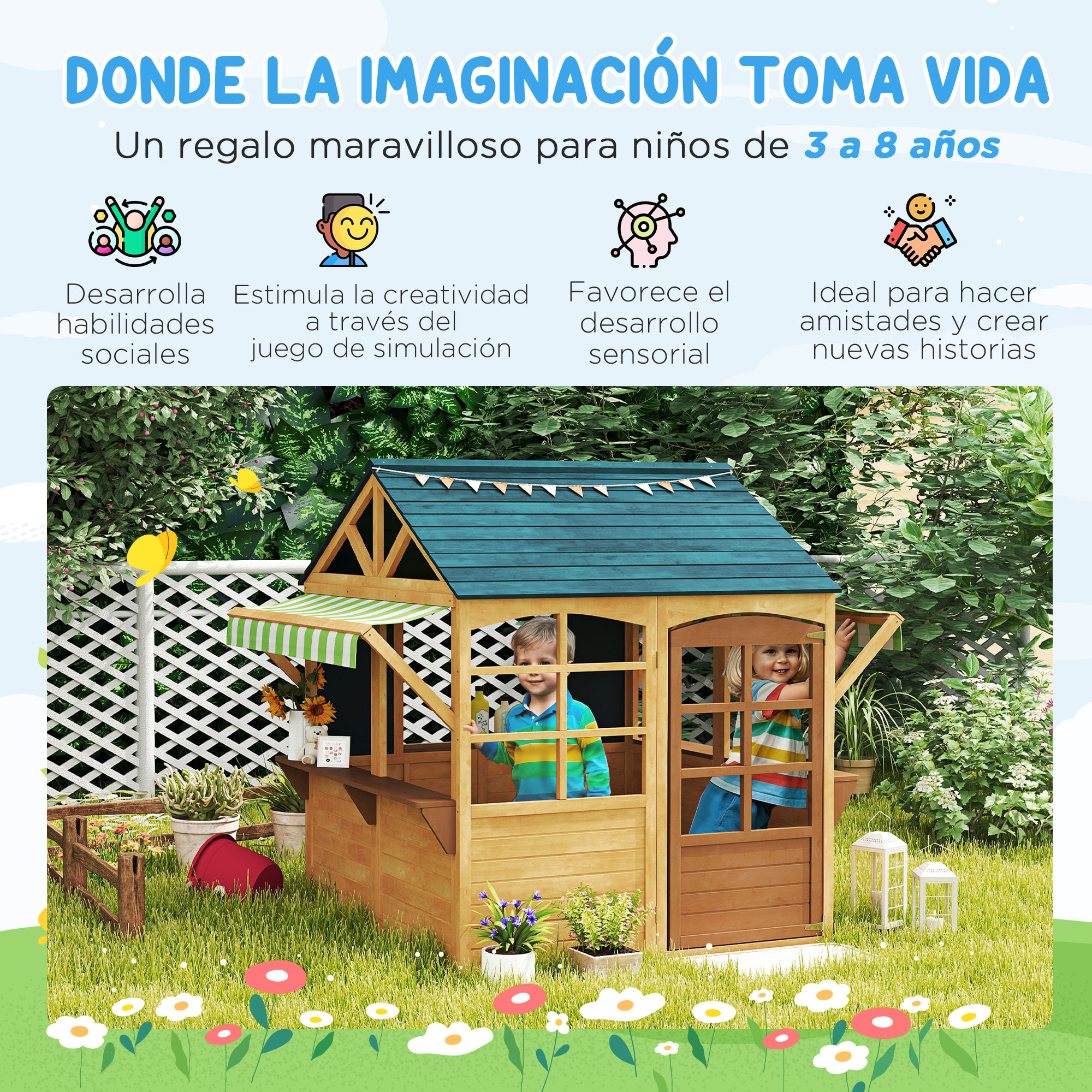 Casita Infantil Exterior de Madera Plegable Casa Jardín Infantil con 2 Pizarras Ventanas y Toldo Casita de Juegos para Niños a Partir de 3 Años Natural