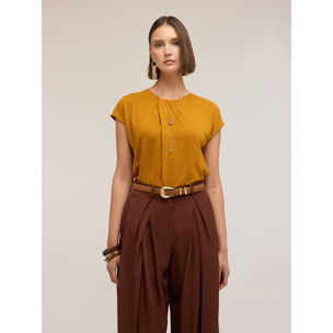 Motivi - T-shirt in misto lino con drappeggio - Giallo