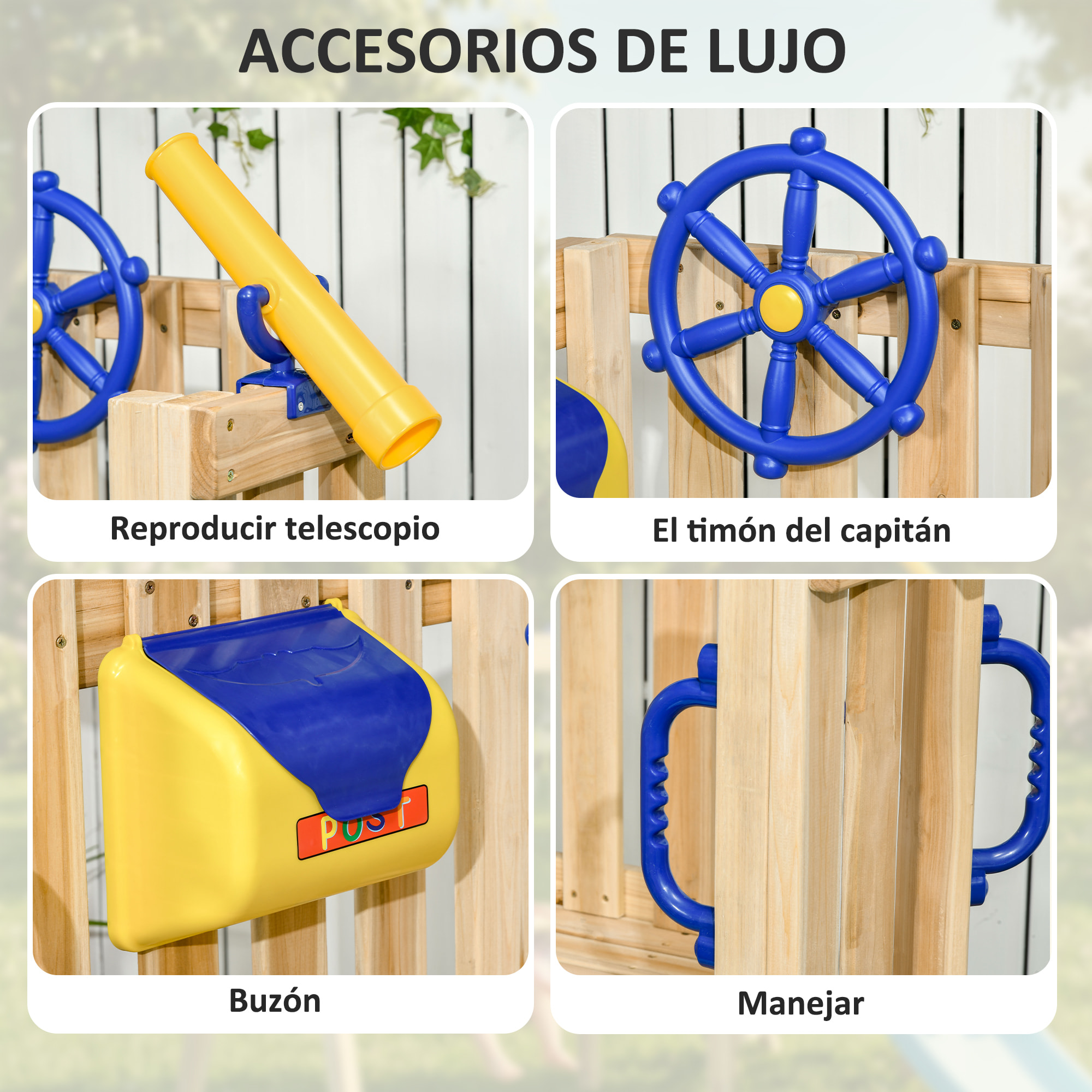 Columpio y Tobogán Infantil Exterior, Parque Infantil Exterior de Madera con Columpio, Tobogán, Volante, Telescopio, para Niños de 18-48 Meses, para Patio, Césped, Natural