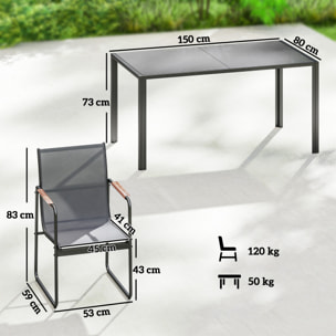 Conjunto de Mesa y Sillas Jardín de 7 Piezas, Muebles Jardín Exterior con Mesa de Vidrio Templado, 6 Sillas Transpirables Decorativas, Marco de Acero Resistente a la Intemperie, Gris