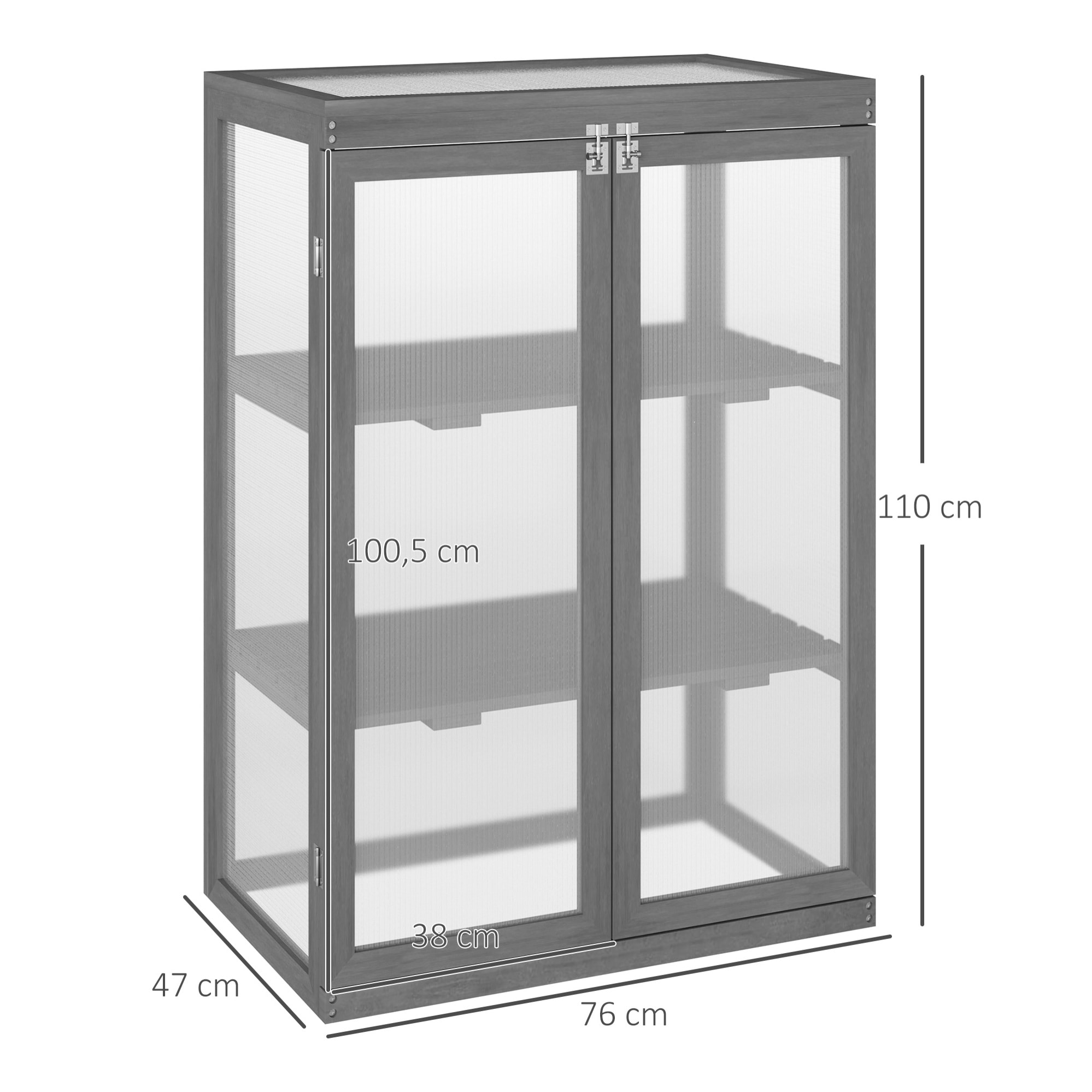 Mini serre de jardin 3 niveaux dim. 76L x 47l x 110H cm double porte toit ouvrant bois sapin lasuré gris polycarbonate