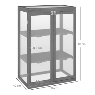 Mini serre de jardin 3 niveaux dim. 76L x 47l x 110H cm double porte toit ouvrant bois sapin lasuré gris polycarbonate