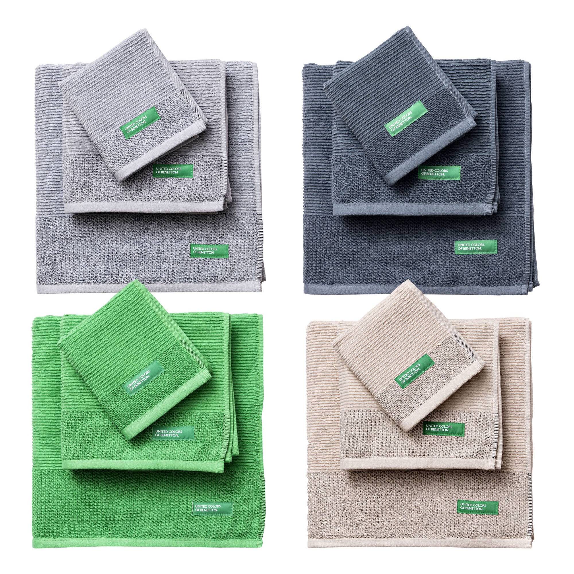 Set de 4 juegos de 3 toallas (4x 30x50cm + 4x 50x90cm + 4x 70x140cm) 450gsm de 100% algodón - verde, gris, gris oscuro y beige benetton