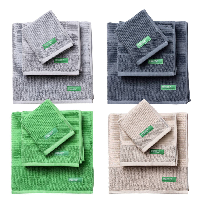 Set de 4 juegos de 3 toallas (4x 30x50cm + 4x 50x90cm + 4x 70x140cm) 450gsm de 100% algodón - verde, gris, gris oscuro y beige benetton