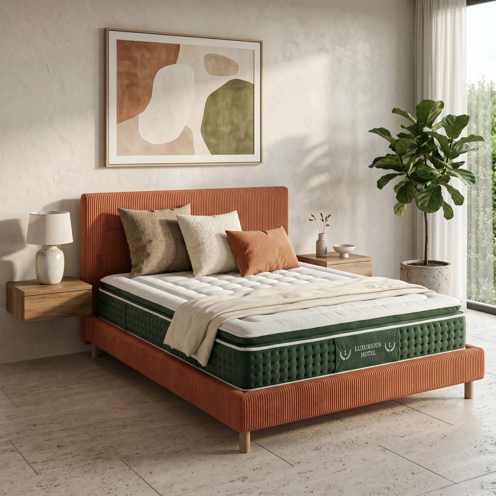 Ensemble matelas Jade & lit fixe Colisée | Mémoire de forme et ressorts ensachés | cadre à lattes | Velours côtelé | Terracotta