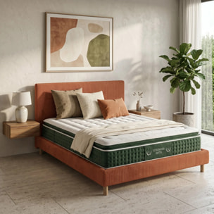 Ensemble matelas Jade & lit fixe Colisée | Mémoire de forme et ressorts ensachés | cadre à lattes | Velours côtelé | Terracotta