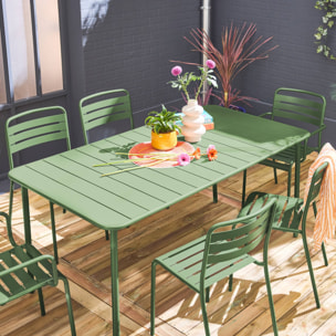 Table de jardin métal + 2 fauteuils et 4 chaises. vert. acier traitement anti rouille