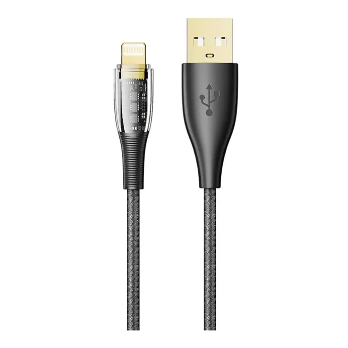 Cable USB 2.0 AM a Lightning PD20W. 2 metros, OD 3,5mm. Con luz LED.