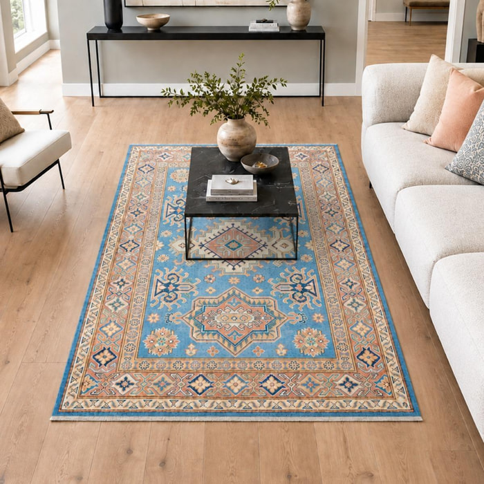 Tapis salon géométrique, laine naturelle, noué à la main, IREDITO