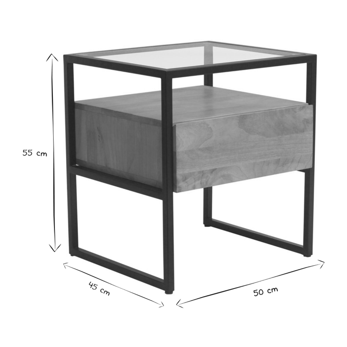 Table de chevet avec tiroir en bois manguier massif, verre et métal noir DIYA