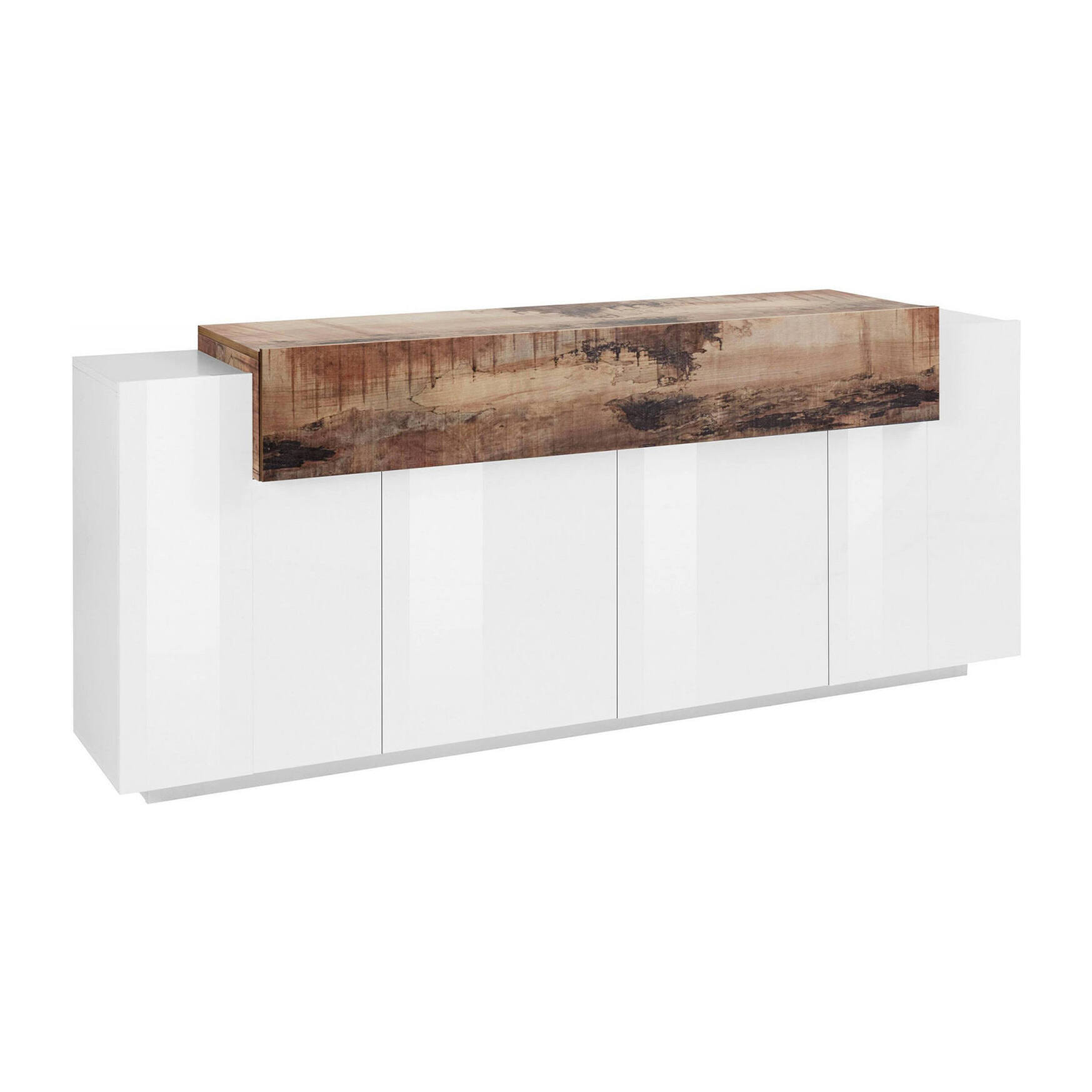 Credenza moderna a 5 ante, Made in Italy, Madia da cucina, Buffet di design da soggiorno, cm 200x45h86, colore Bianco lucido e Acero