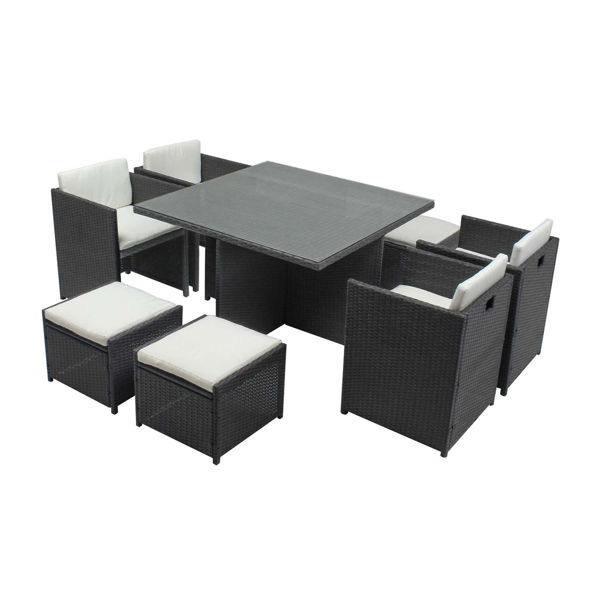 Table et chaises 8 places encastrables en résine gris-blanc REGINA