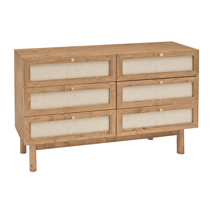 Commode en bois massif et lin avec six tiroirs en chêne foncé de 76x120cm Hauteur: 76 Longueur: 120 Largeur: 42