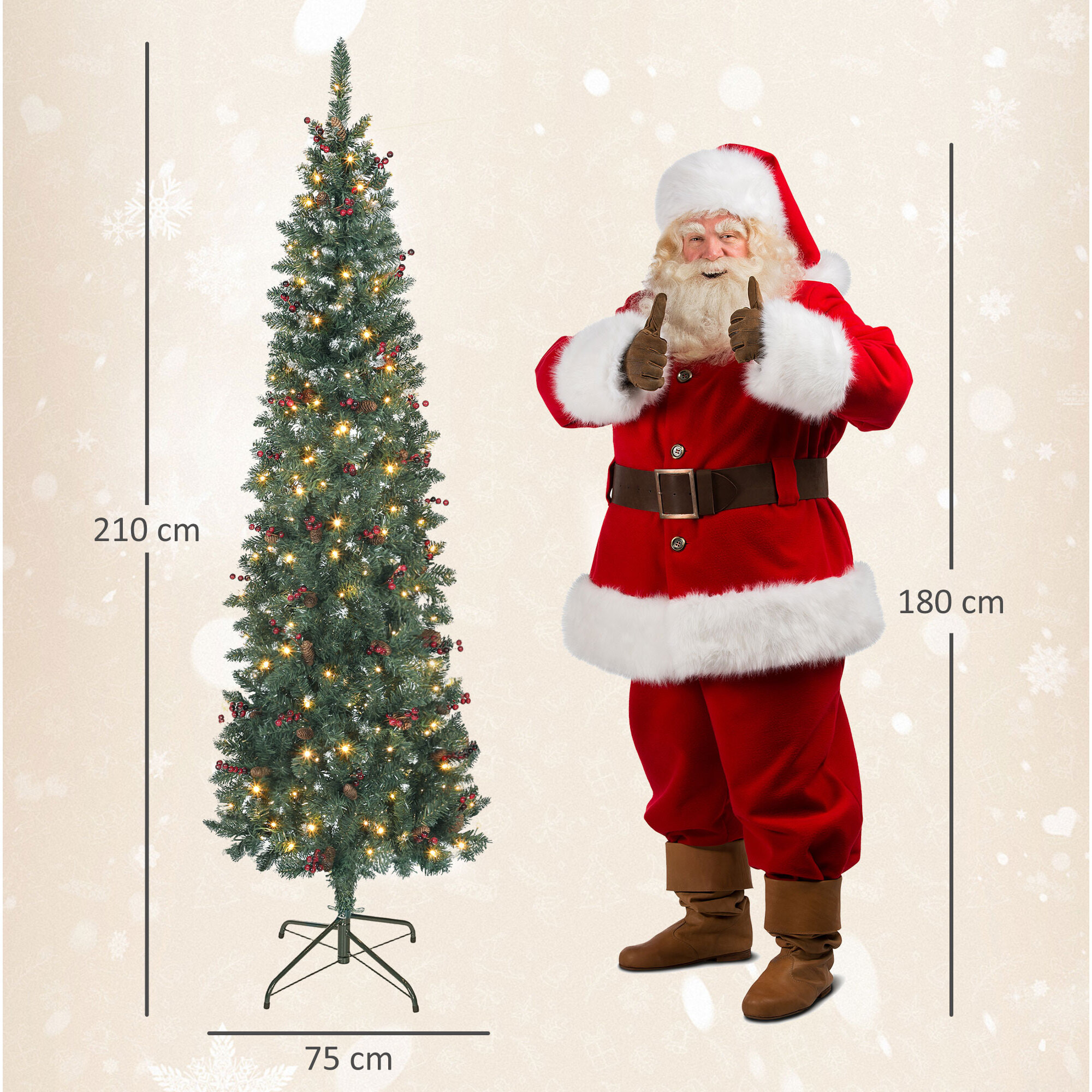 Árbol de Navidad Estrecho 210 cm, Árbol de Navidad con Luces LED, 8 Modos de Iluminación, Ramas con Purpurina Plateada, Piñas, Bayas y Soporte Metálico, Verde