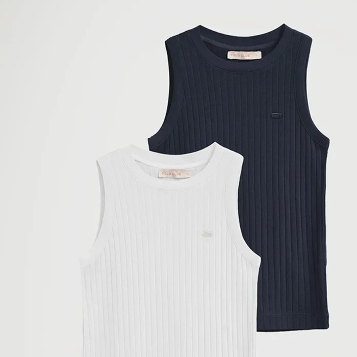 Pack da donna con due canotte blu marino e bianca a coste con logo Polo Club