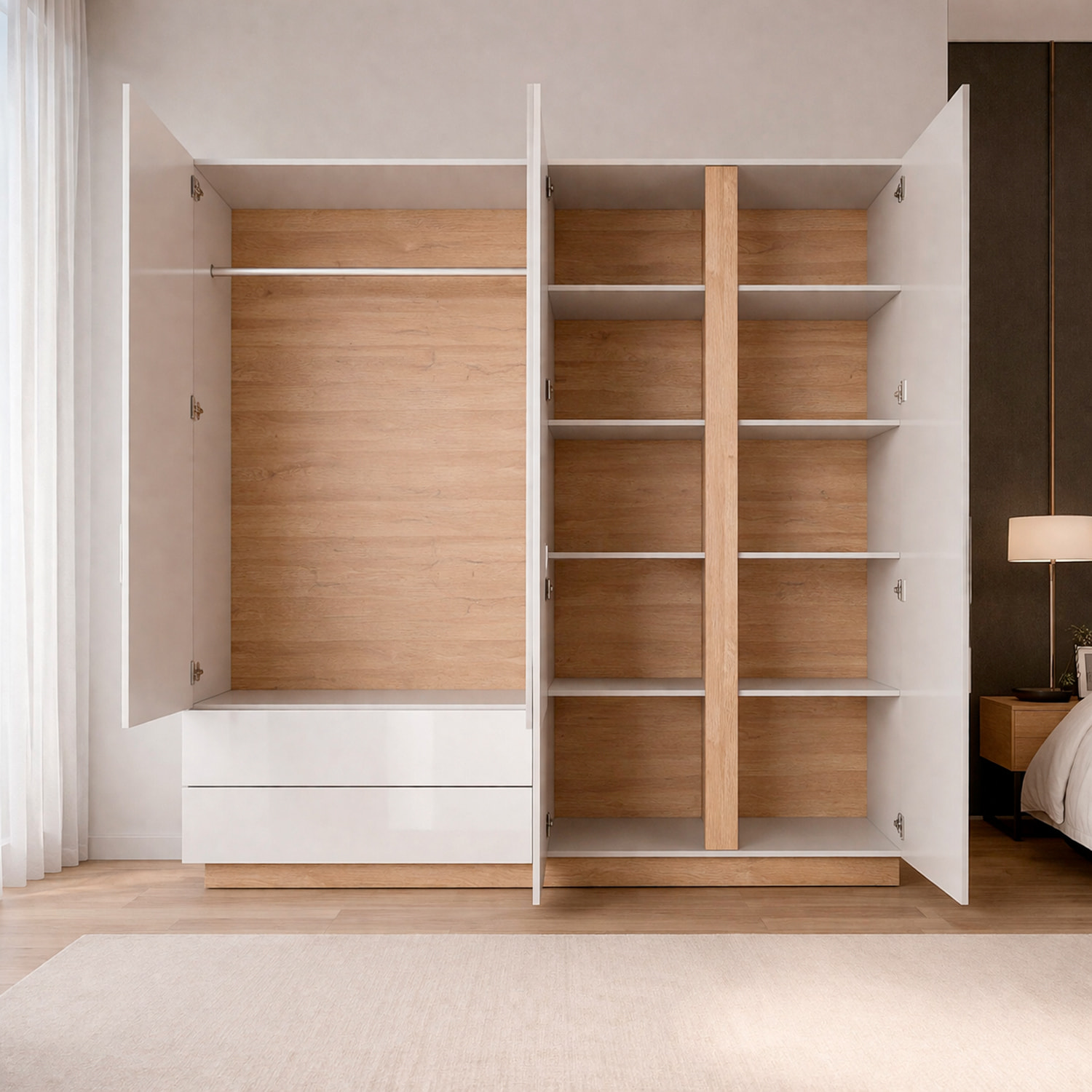 Armadio 4 Ante Con Cassetti Ripiani Guardaroba Moderno Multiuso Camera Da Letto Cameretta 2 Cassetti Salvaspazio 220 x 202.4 x 54 Cm Bianco E Rovere