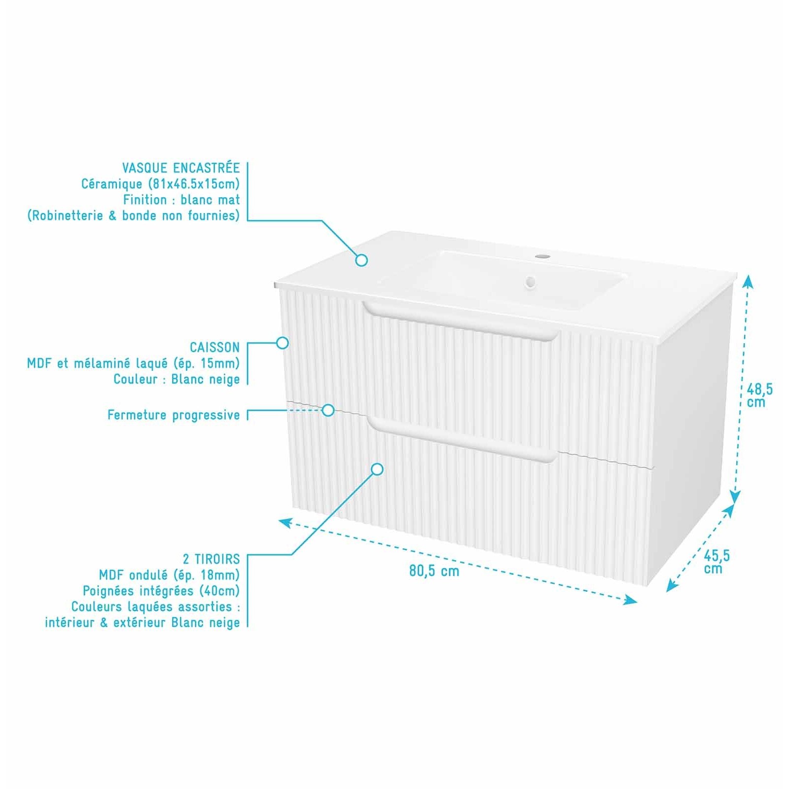 Meuble et colonne de Salle de Bains LEON 80cm Blanc Neige - Façades Ondulées - Vasque Blanche Mate
