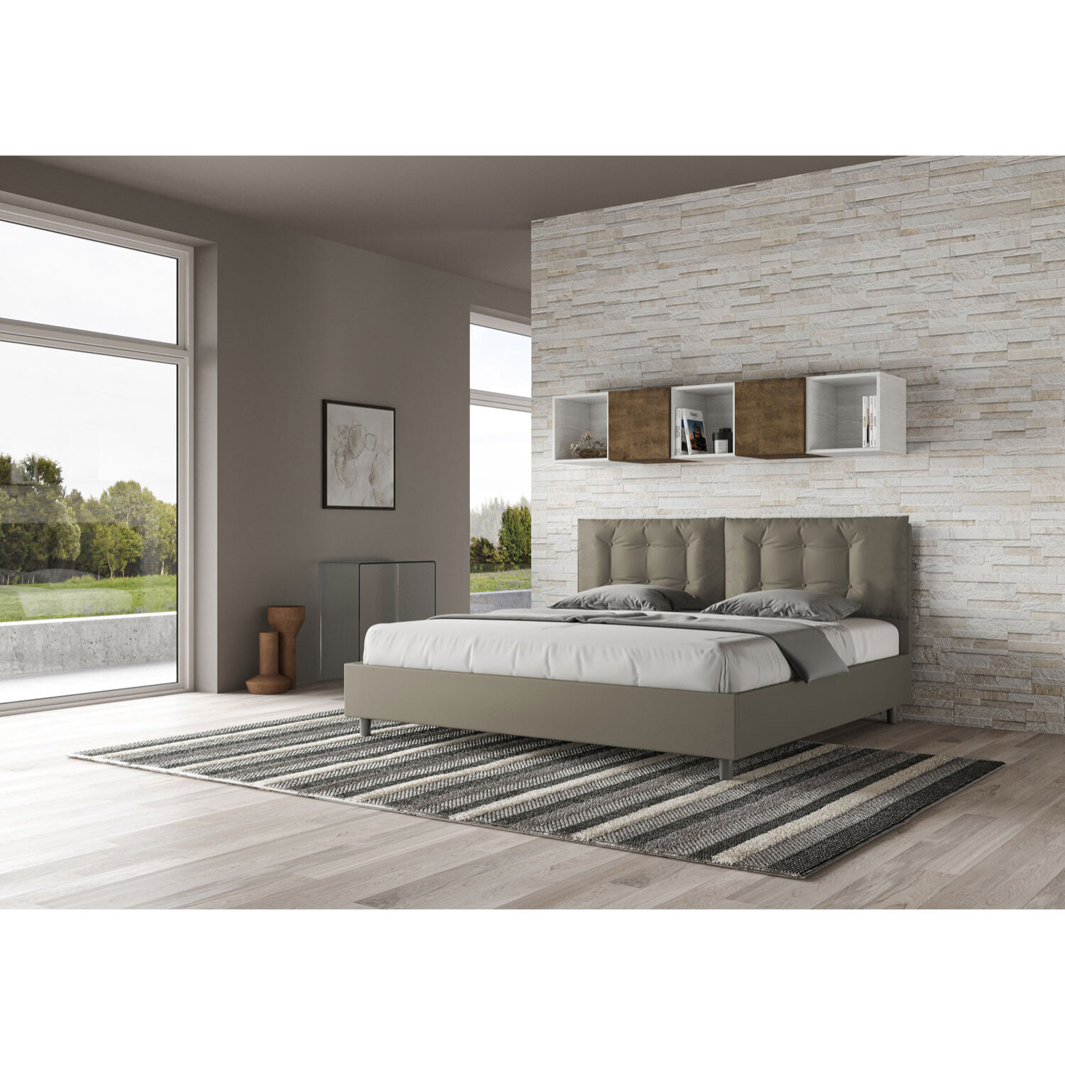 Letto matrimoniale king size contenitore imbottito 200x210 similpelle cappuccino Annalisa Large