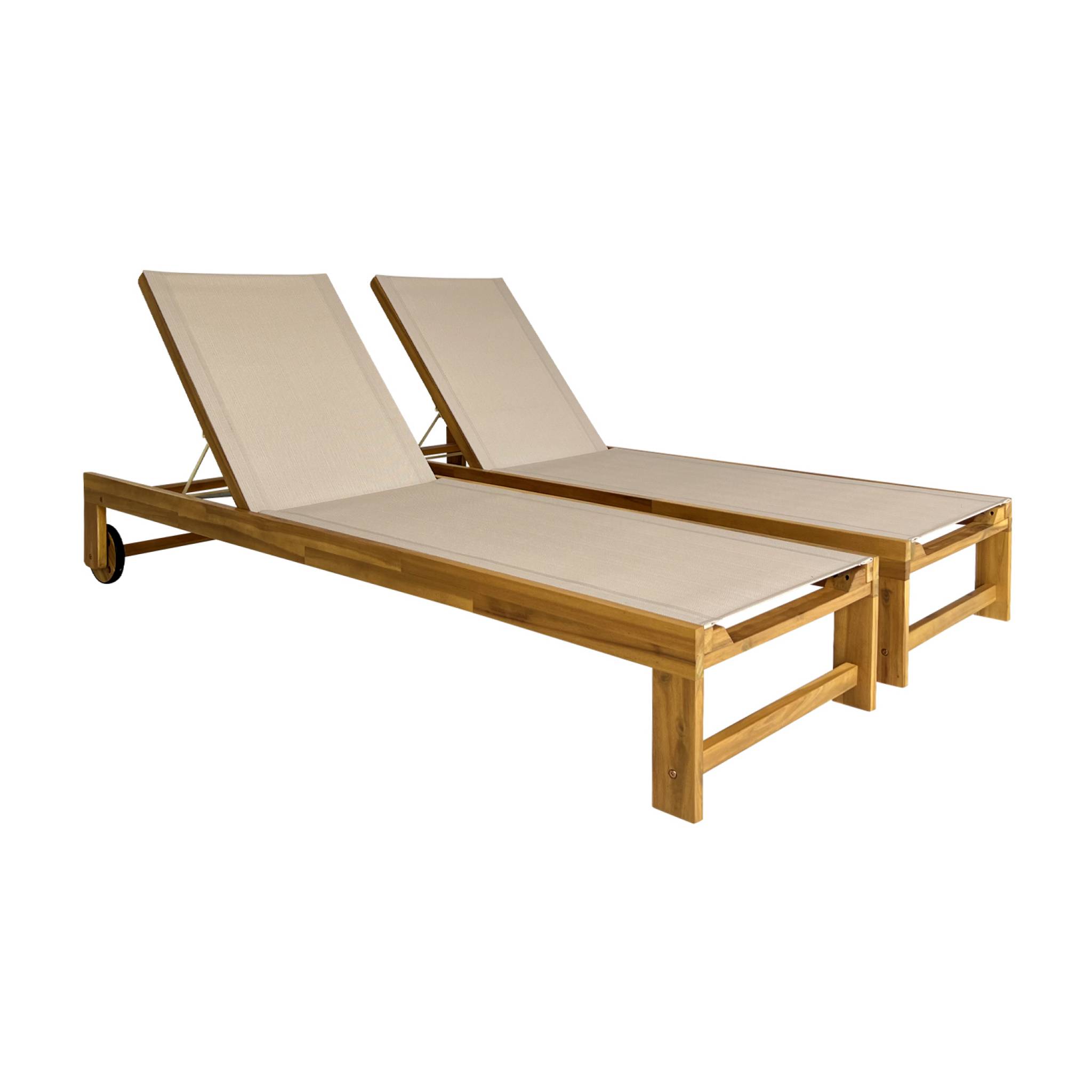 Lot de 2 bains de soleil en bois d'acacia et textilène beige. multi positions avec roulettes