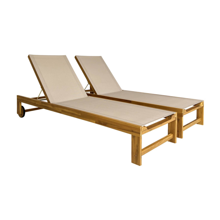 Lot de 2 bains de soleil en bois d'acacia et textilène beige. multi positions avec roulettes