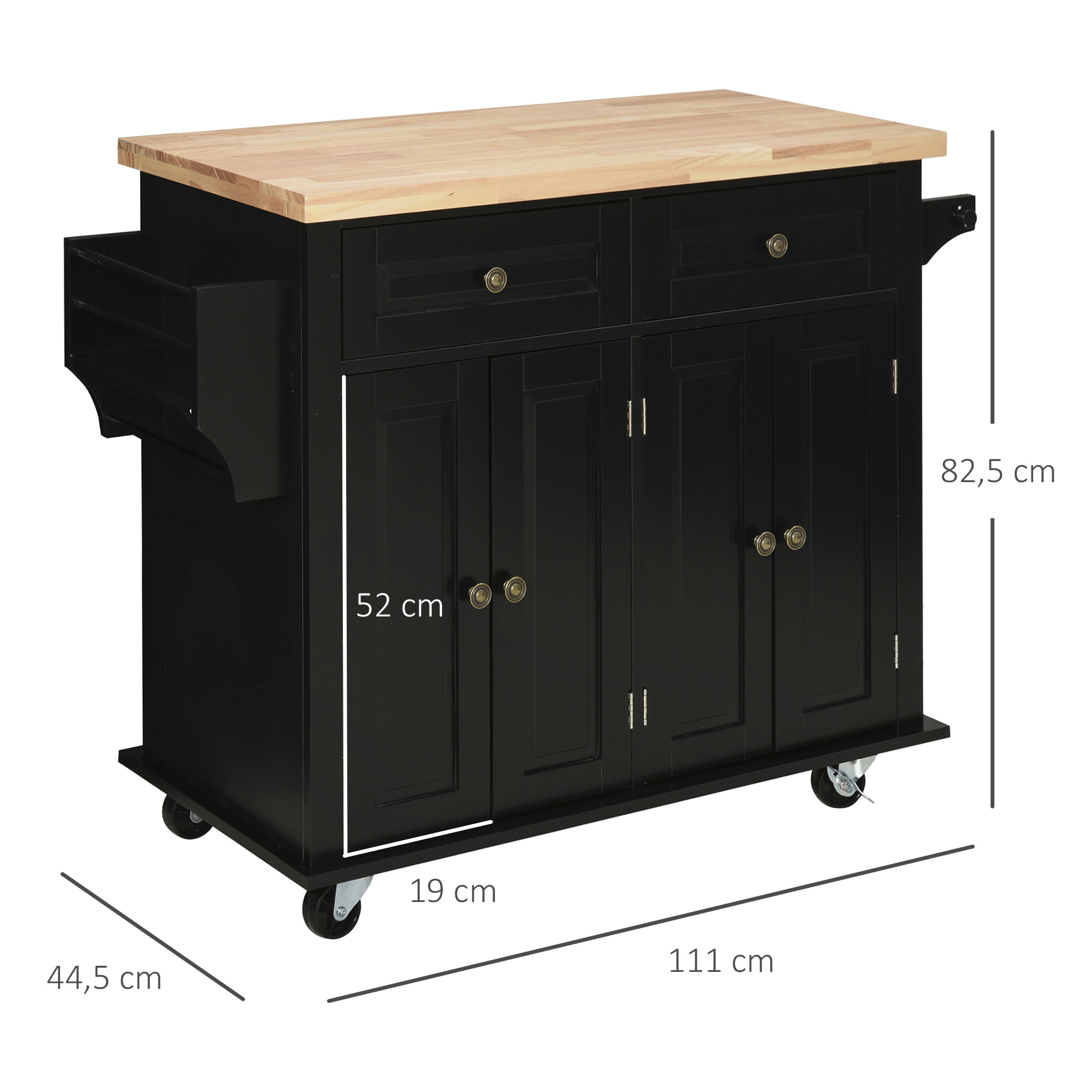 Desserte de cuisine multi rangements 2 tiroirs 2 placard 2 portes avec étagère range-bouteille porte-torchons MDF noir hévéa